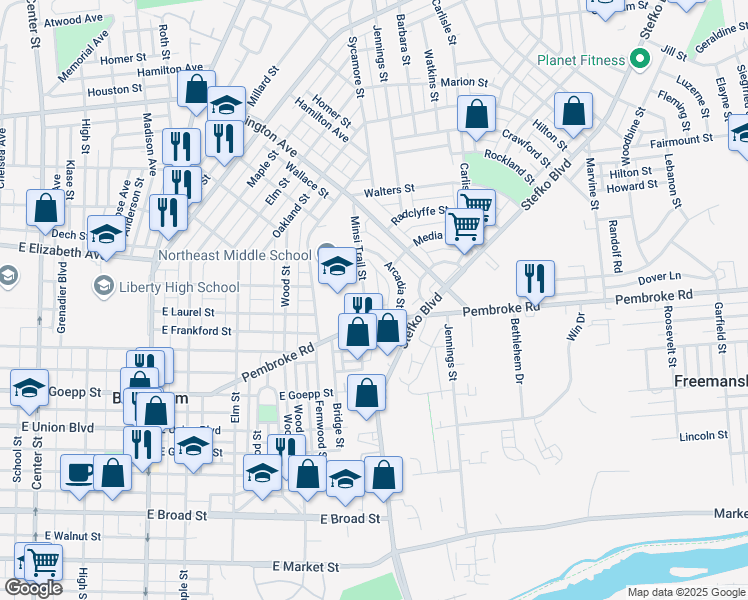 map of restaurants, bars, coffee shops, grocery stores, and more near 1120 Minsi Trail Street in Bethlehem