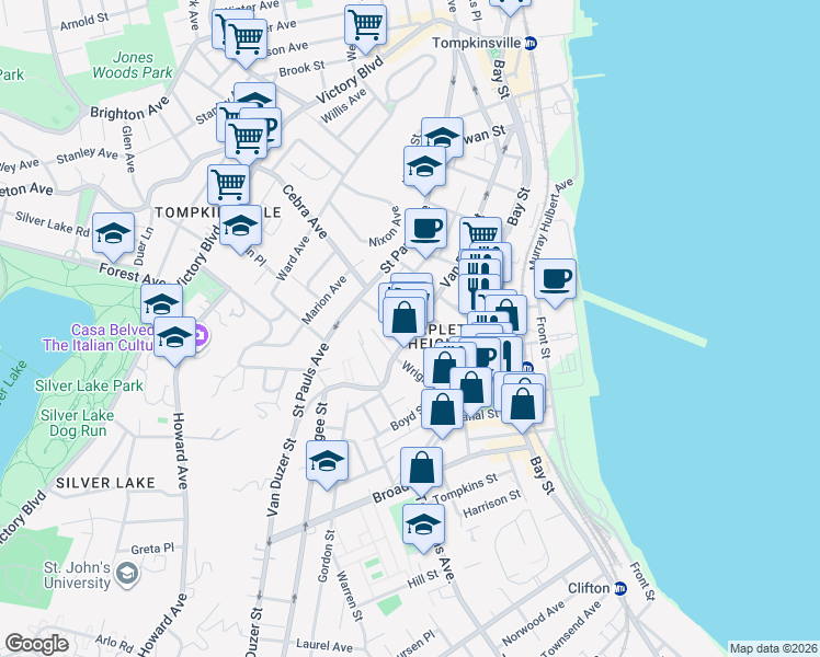map of restaurants, bars, coffee shops, grocery stores, and more near 132 Beach Street in Staten Island