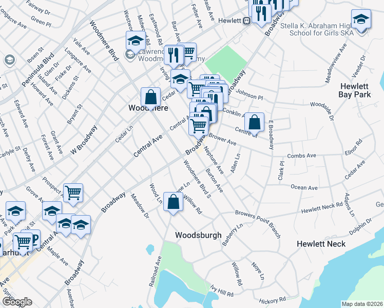 map of restaurants, bars, coffee shops, grocery stores, and more near 11 Burton Avenue in Woodmere