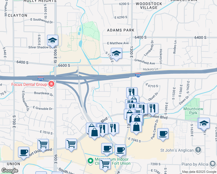 map of restaurants, bars, coffee shops, grocery stores, and more near 1157 East 6720 South in Salt Lake City