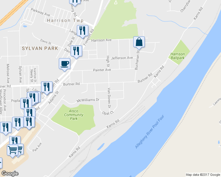 map of restaurants, bars, coffee shops, grocery stores, and more near 138 Elbrook Drive in Natrona Heights