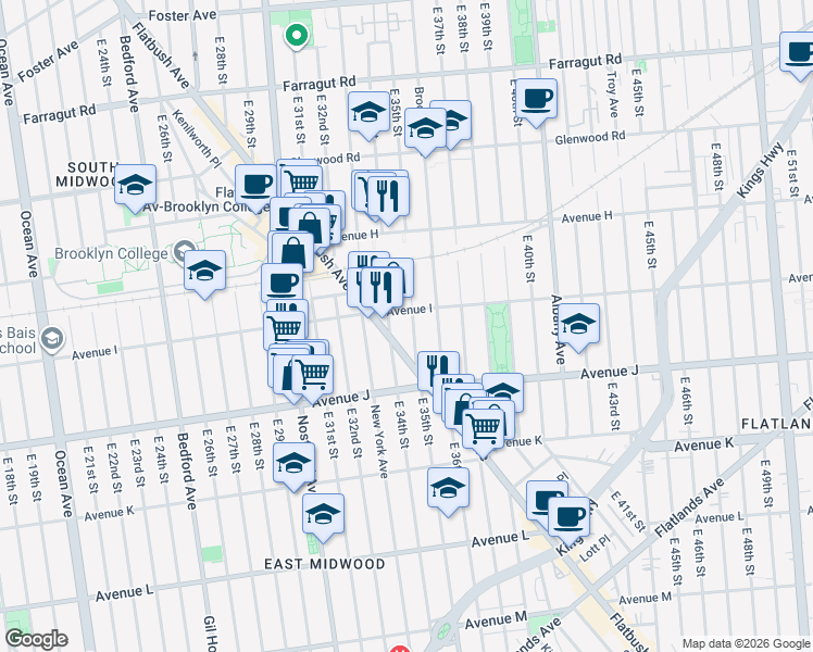 map of restaurants, bars, coffee shops, grocery stores, and more near 1052 East 35th Street in Brooklyn
