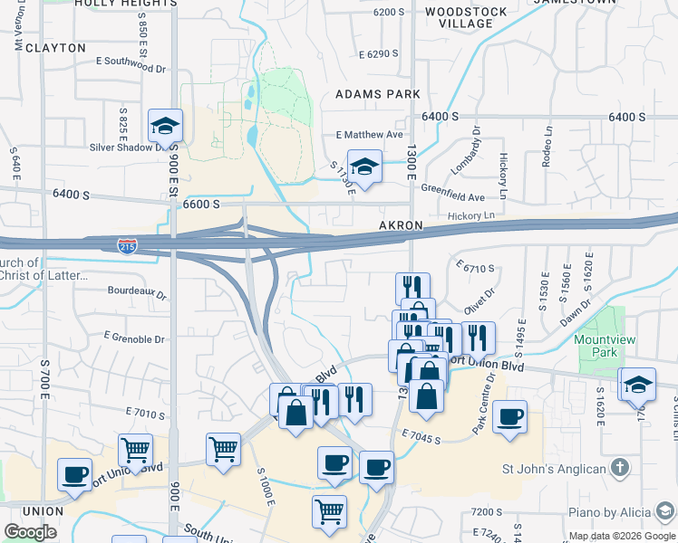 map of restaurants, bars, coffee shops, grocery stores, and more near 1151 East 6720 South in Cottonwood Heights