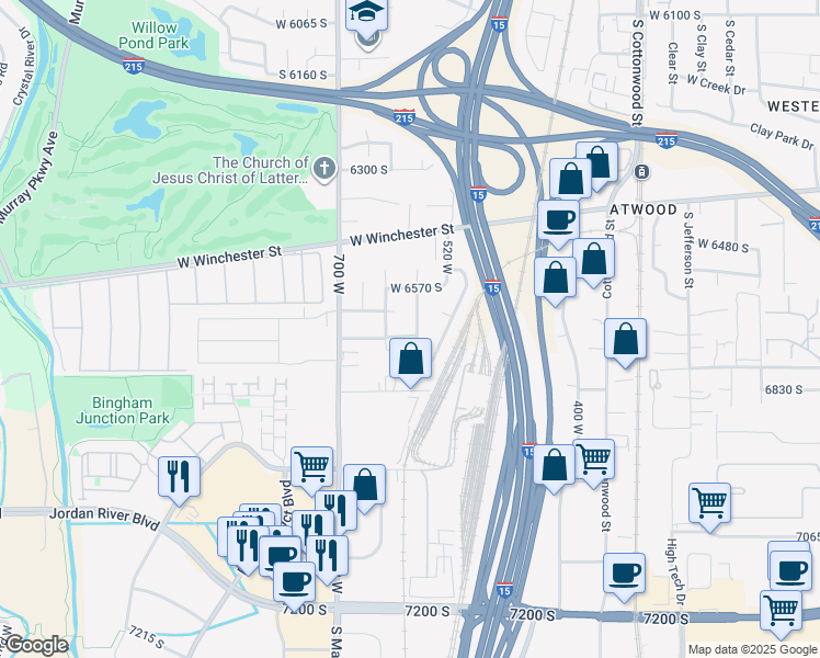 map of restaurants, bars, coffee shops, grocery stores, and more near 586 West 6640 South in Murray
