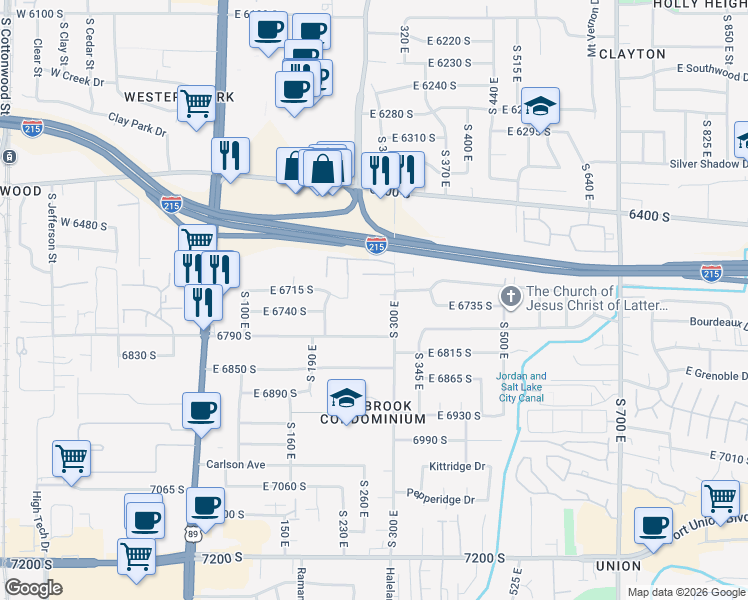 map of restaurants, bars, coffee shops, grocery stores, and more near 6715 South Vaughn Lane in Midvale