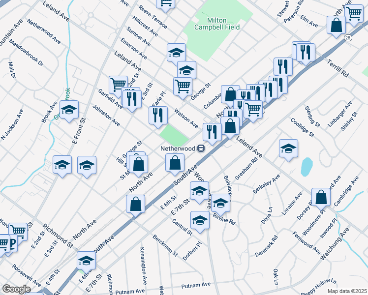 map of restaurants, bars, coffee shops, grocery stores, and more near in Plainfield