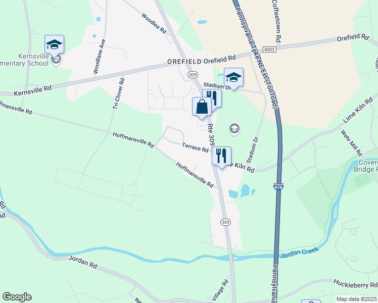 map of restaurants, bars, coffee shops, grocery stores, and more near 4656 Terrace Road in Lehigh County