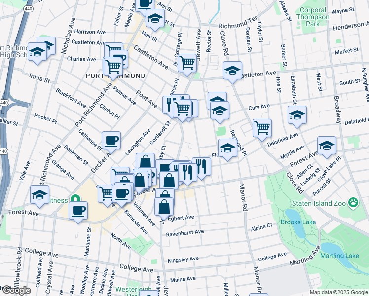 map of restaurants, bars, coffee shops, grocery stores, and more near 315 Jewett Avenue in Staten Island