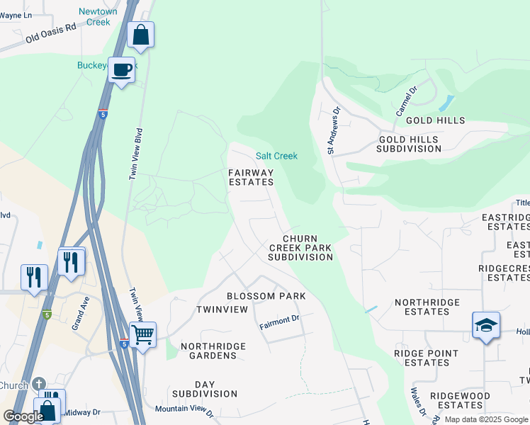 map of restaurants, bars, coffee shops, grocery stores, and more near 6074 Fallworth Drive in Redding
