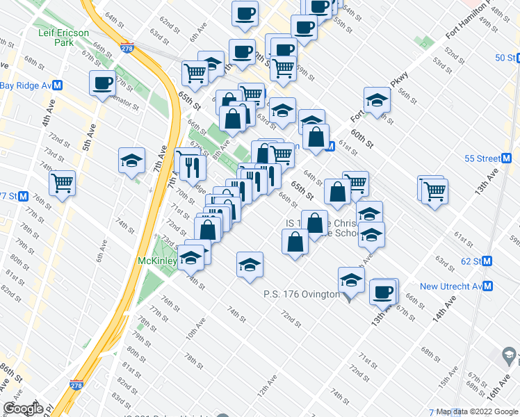 map of restaurants, bars, coffee shops, grocery stores, and more near 6805 Fort Hamilton Parkway in Brooklyn