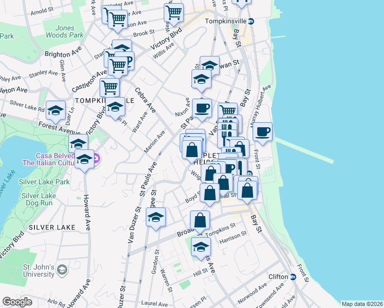 map of restaurants, bars, coffee shops, grocery stores, and more near 132 Beach Street in Staten Island