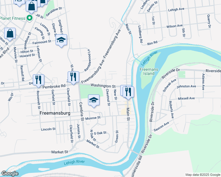 map of restaurants, bars, coffee shops, grocery stores, and more near 126 Washington Street in Freemansburg
