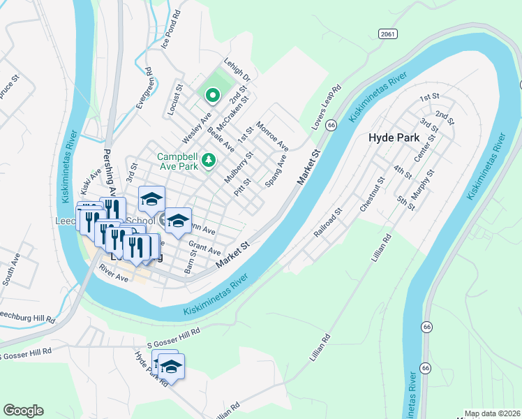 map of restaurants, bars, coffee shops, grocery stores, and more near 533 Market Street in Leechburg