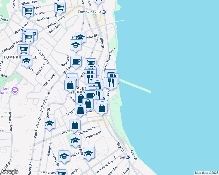 map of restaurants, bars, coffee shops, grocery stores, and more near 7 Navy Pier Court in Staten Island