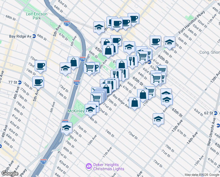 map of restaurants, bars, coffee shops, grocery stores, and more near 882 Bay Ridge Avenue in Brooklyn