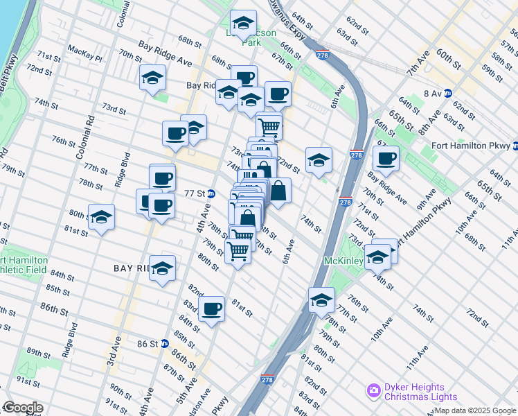 map of restaurants, bars, coffee shops, grocery stores, and more near 530 Bay Ridge Parkway in Brooklyn