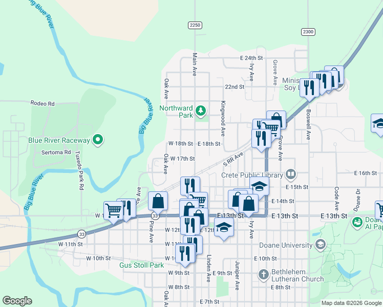 map of restaurants, bars, coffee shops, grocery stores, and more near 1715 Main Avenue in Crete