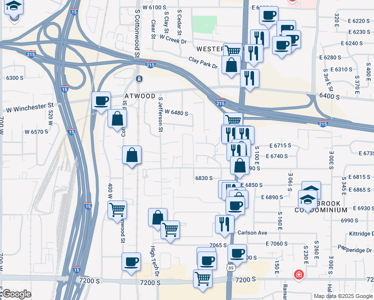 map of restaurants, bars, coffee shops, grocery stores, and more near 6647 South 70 West in Murray