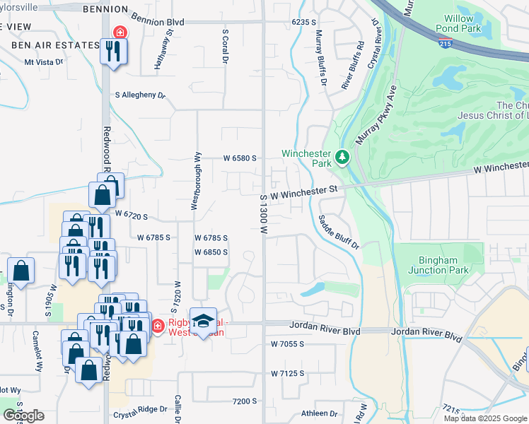map of restaurants, bars, coffee shops, grocery stores, and more near 6687 1300 West in West Jordan