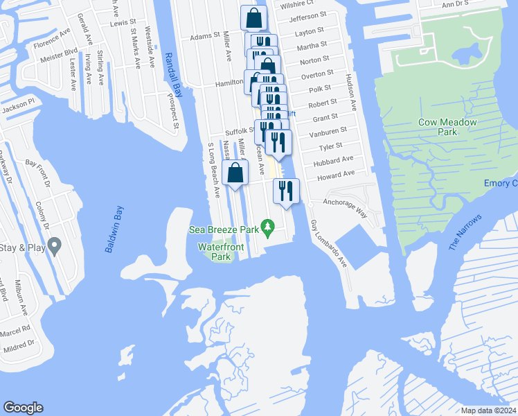 map of restaurants, bars, coffee shops, grocery stores, and more near 725 Miller Avenue in Freeport