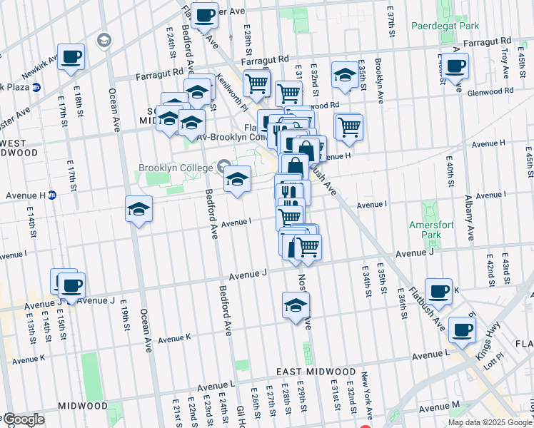 map of restaurants, bars, coffee shops, grocery stores, and more near 2823A Avenue I in Brooklyn
