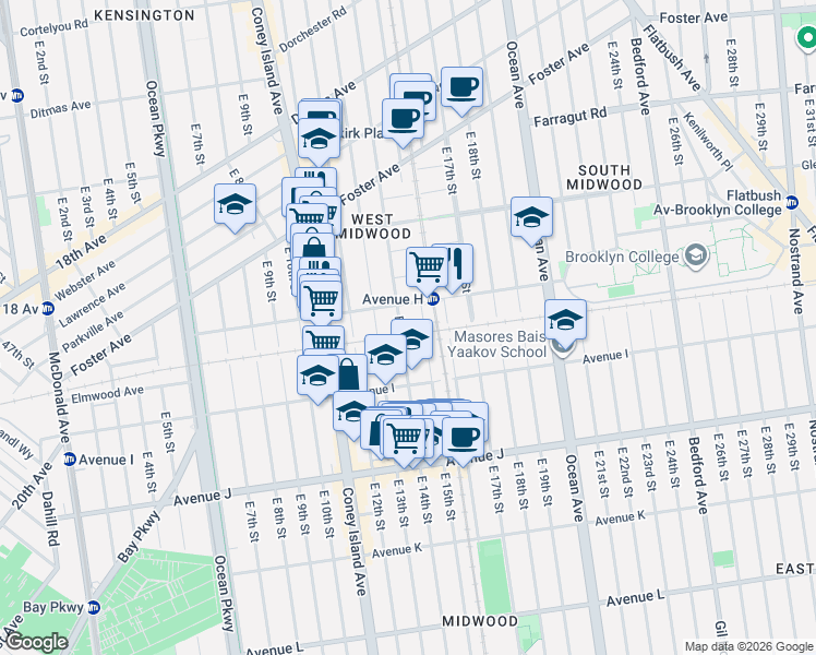 map of restaurants, bars, coffee shops, grocery stores, and more near 830 East 14th Street in Brooklyn