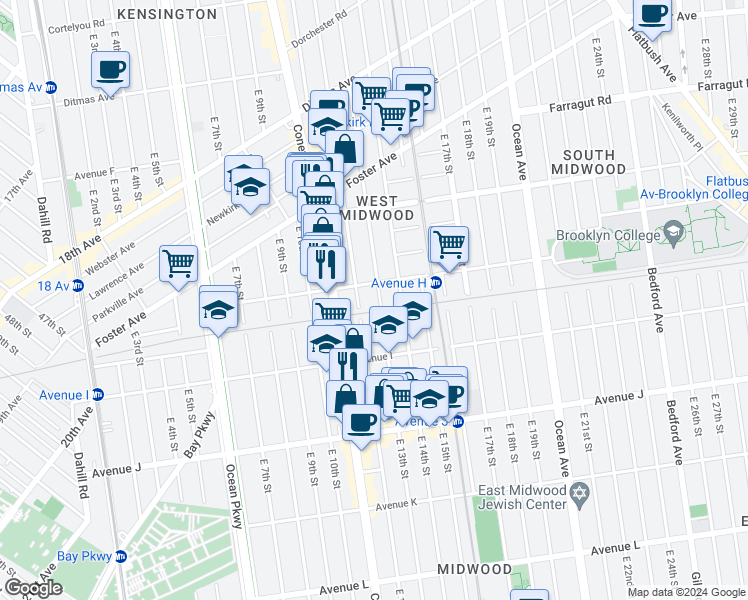 map of restaurants, bars, coffee shops, grocery stores, and more near 824 East 12th Street in Brooklyn