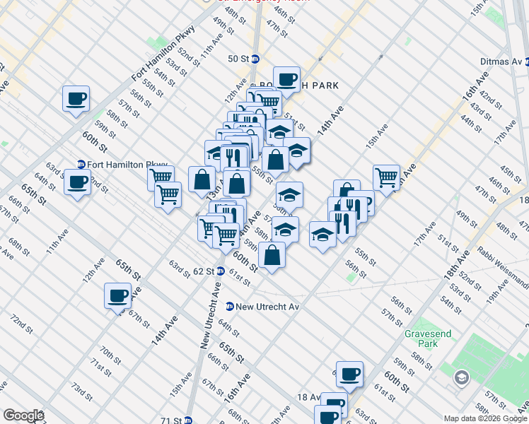 map of restaurants, bars, coffee shops, grocery stores, and more near 1431 57th Street in Brooklyn