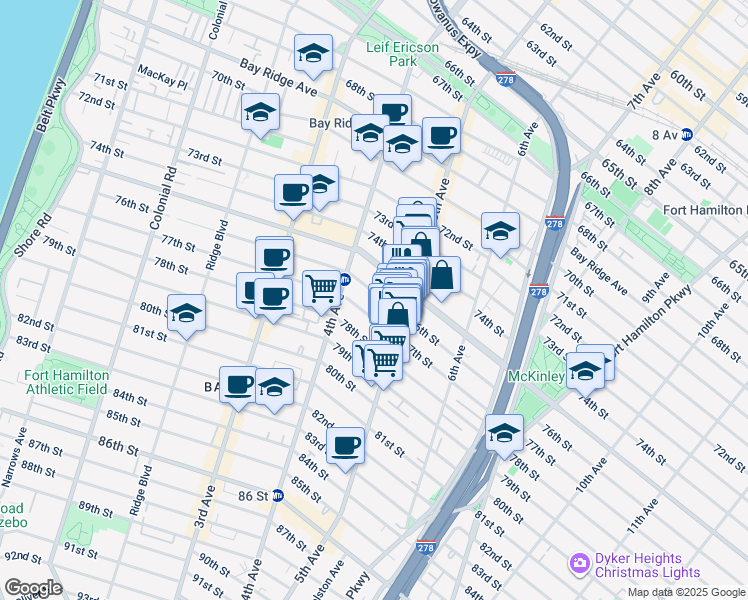 map of restaurants, bars, coffee shops, grocery stores, and more near 470 76th Street in Brooklyn