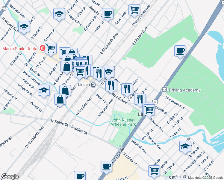 map of restaurants, bars, coffee shops, grocery stores, and more near 209 South Wood Avenue in Linden