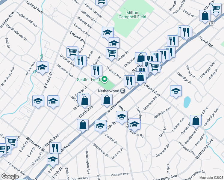 map of restaurants, bars, coffee shops, grocery stores, and more near in Plainfield