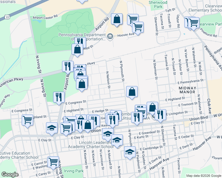 map of restaurants, bars, coffee shops, grocery stores, and more near 1412 East Pennsylvania Street in Allentown