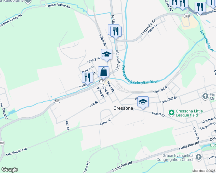 map of restaurants, bars, coffee shops, grocery stores, and more near 19 South 2nd Street in Cressona