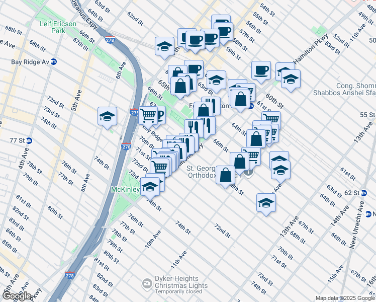map of restaurants, bars, coffee shops, grocery stores, and more near 68th Street in Brooklyn
