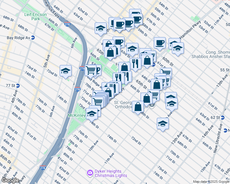 map of restaurants, bars, coffee shops, grocery stores, and more near 68th Street in Brooklyn