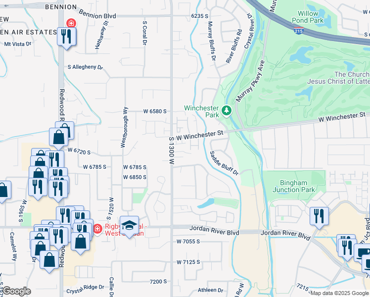 map of restaurants, bars, coffee shops, grocery stores, and more near 6687 1300 West in West Jordan