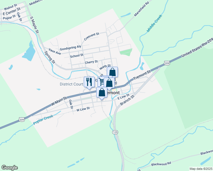 map of restaurants, bars, coffee shops, grocery stores, and more near 21 East Main Street in Tremont