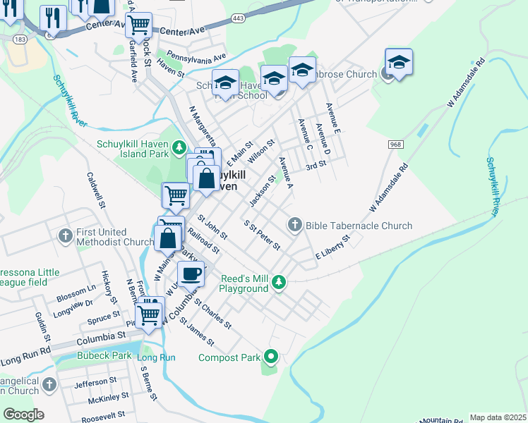 map of restaurants, bars, coffee shops, grocery stores, and more near 207 High Street in Schuylkill Haven