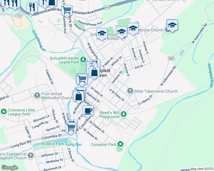 map of restaurants, bars, coffee shops, grocery stores, and more near 124 East Union Street in Schuylkill Haven