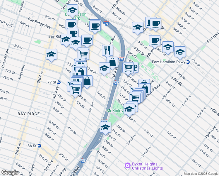 map of restaurants, bars, coffee shops, grocery stores, and more near 7212 7th Avenue in Brooklyn