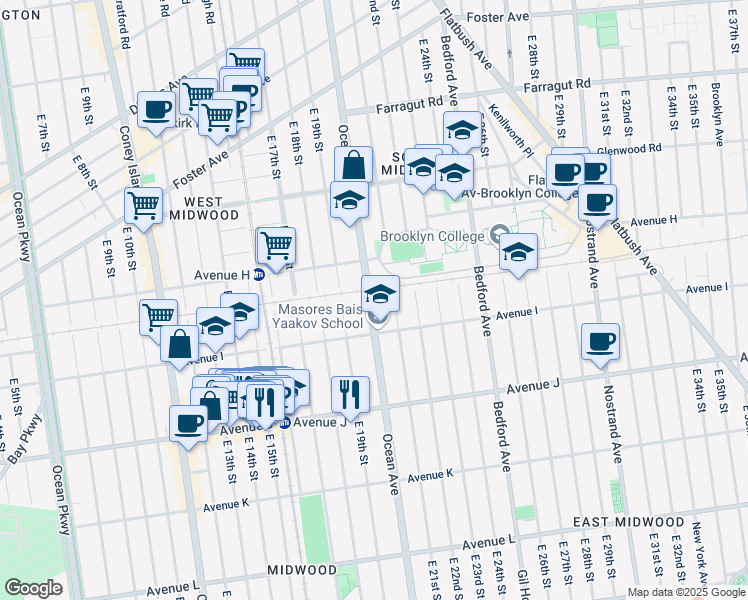 map of restaurants, bars, coffee shops, grocery stores, and more near 1347 Ocean Avenue in Brooklyn