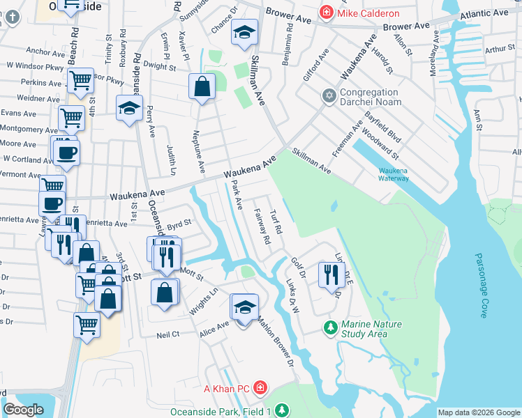 map of restaurants, bars, coffee shops, grocery stores, and more near 3398 Fairway Road in Oceanside