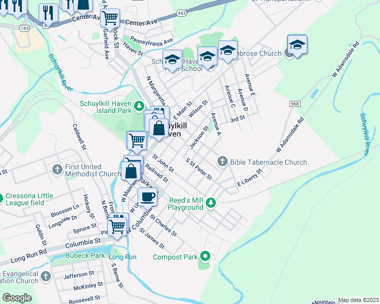 map of restaurants, bars, coffee shops, grocery stores, and more near 120 High Street in Schuylkill Haven