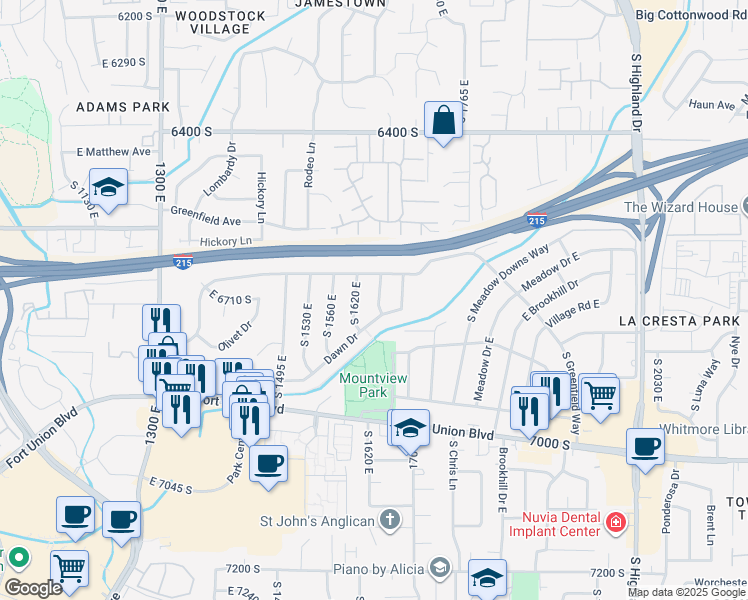 map of restaurants, bars, coffee shops, grocery stores, and more near 6700 South 1655 East in Cottonwood Heights