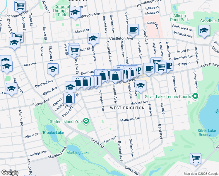 map of restaurants, bars, coffee shops, grocery stores, and more near 173 Morrison Avenue in Staten Island