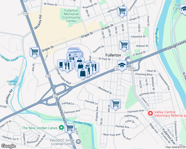 map of restaurants, bars, coffee shops, grocery stores, and more near 900 Lehigh Valley Mall in Fullerton
