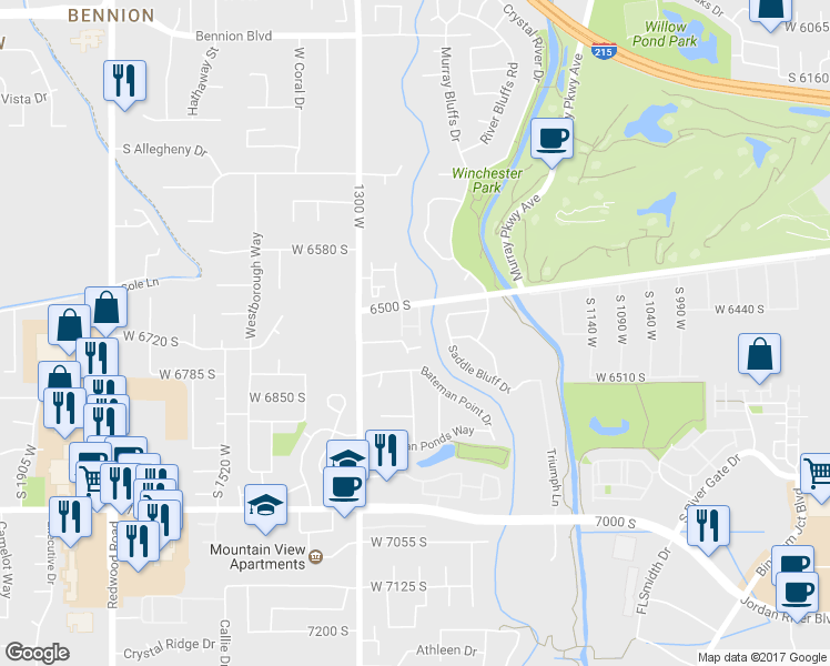 map of restaurants, bars, coffee shops, grocery stores, and more near 1253 Borthwick Way in Murray