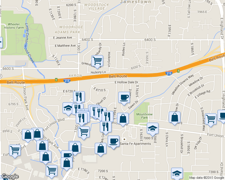 map of restaurants, bars, coffee shops, grocery stores, and more near 6714 South 1495 East in Salt Lake City