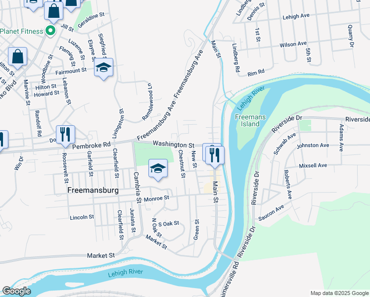 map of restaurants, bars, coffee shops, grocery stores, and more near 126 Washington Street in Freemansburg