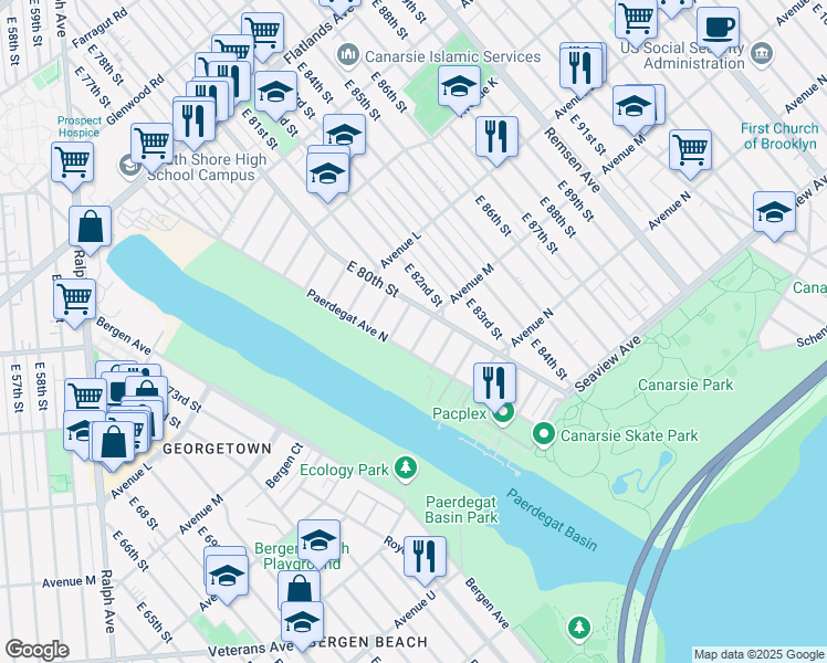 map of restaurants, bars, coffee shops, grocery stores, and more near 22 Paerdegat 10th Street in Brooklyn